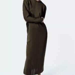 Zara MIDI DRESS  viscose Brown Round Neck Roomy Long Sleeves NWT XXL